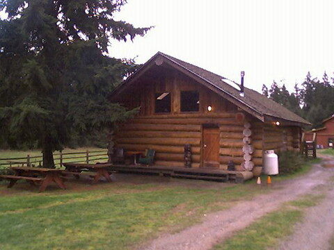 The hand-built log cabin in its early years