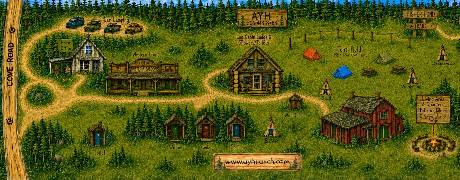 AYH Ranch illustrated map showing all buildings, teepees, camping areas and trails